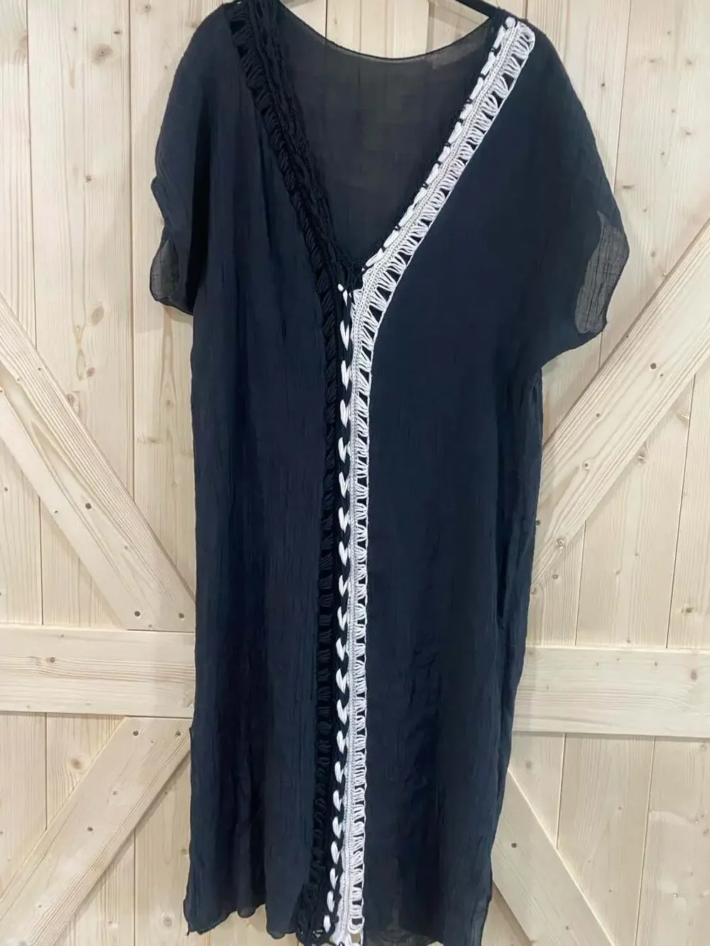 SHEIN Black Contrast Crochet Trim Open Stitch Summer Beach Cover Up Dress